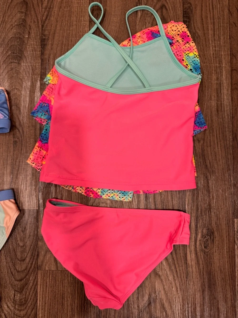 Lot of 3 Size 7/8 Swimsuits Pastel Tie-Dye, Mint & Neon Pink Girls Swim Tops